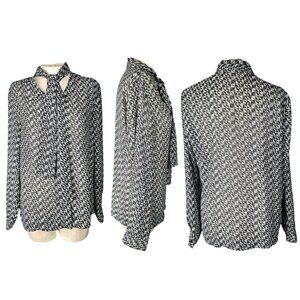 1802 Josephine Chaus Blouse Tie Neck Bow Secretary Geometric Pattern Size